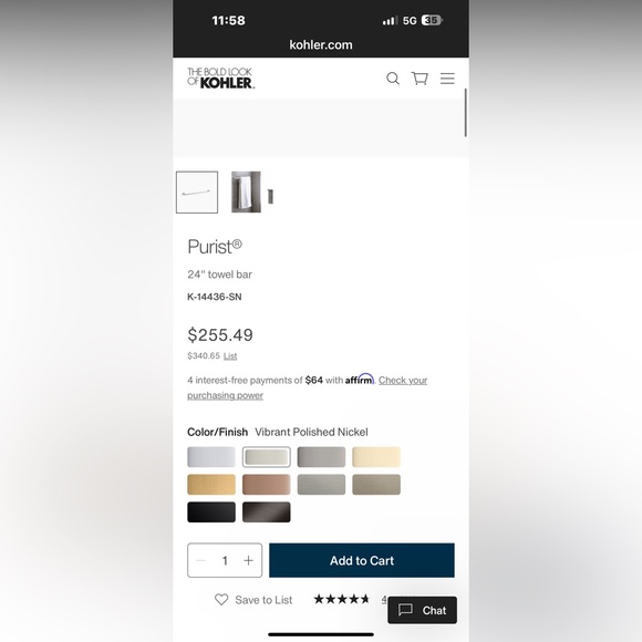 NWT NEW NIB KOHLER 24" Purist Style K-14436 Towel Bar Vibrant Polished Nickel - Picture 3 of 8